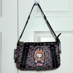 Ed Hardy Black/Pink Skull Crystal Studded Shoulder Handbag